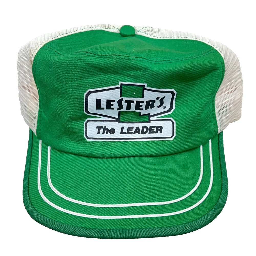 Vintage Lester's Trucker Hat Cap Snapback Made In USA Stripe Green White 80s 90s